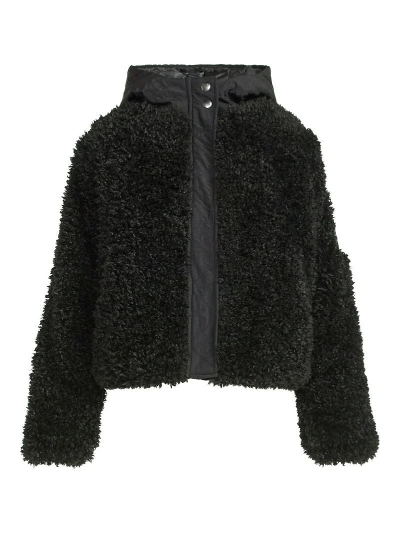 Scoop Women's Mixed Media Teddy Jacket with Hood, Midweight, Sizes XS-XXL | Walmart (US)