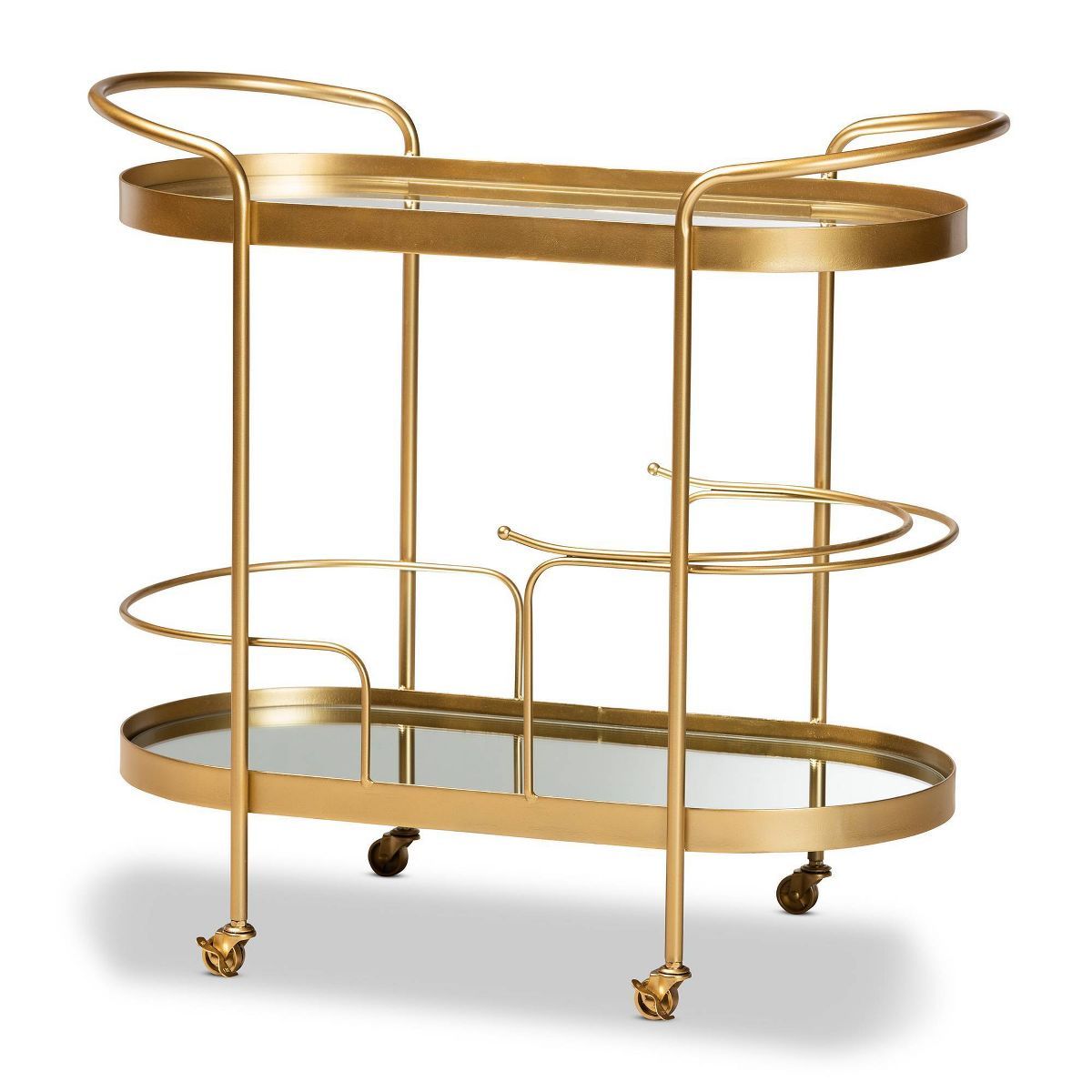 Kamal Glam Brushed Metal and Mirrored Glass 2 Tier Mobile Wine Bar Cart Gold - Baxton Studio | Target