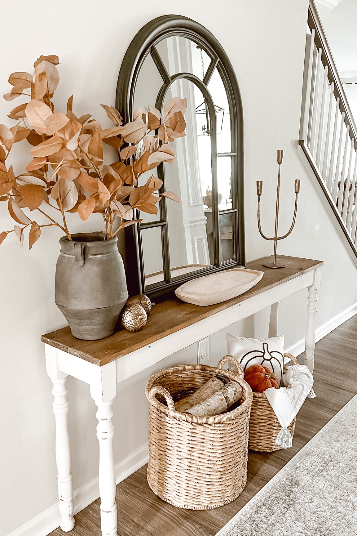 Entryway , vase, vessel , leaf stems, candle holder, metal candle , dough bowl, acorn , fall leaves, entryway table, mirror, basket, pumpkin pillow, throw blanket 

#LTKSeasonal #LTKhome