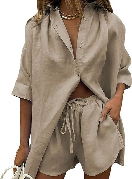 Women 2 Piece Linen Shorts Set Lapel Collar Button-up Half Sleeve Shirt Drawstring Shorts Summer ... | Amazon (UK)
