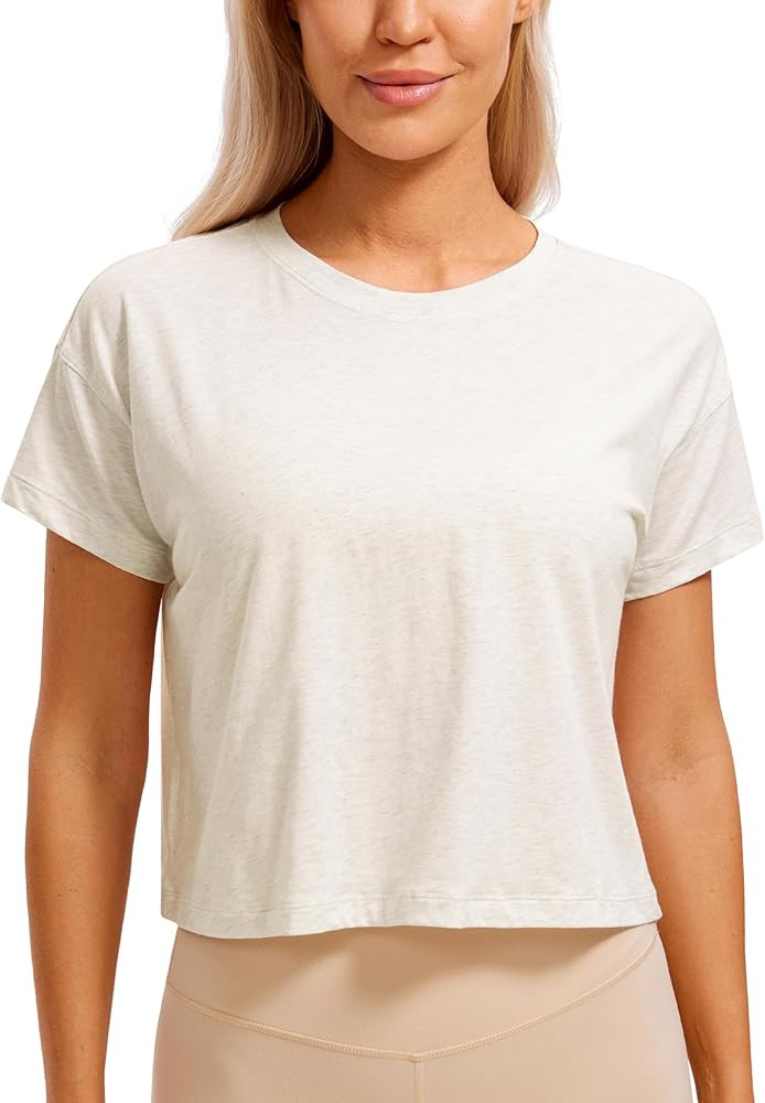 CRZ YOGA Women's Pima Cotton Workout Short Sleeve Shirts Loose Crop Tops Athletic Gym Shirt Casua... | Amazon (US)