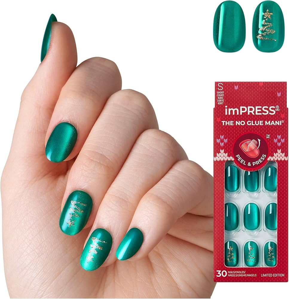 KISS imPRESS Holiday Press On Nails, ‘Please Santa’, Green, Short Oval, Magnetic Powder Effec... | Amazon (US)