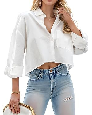 Women Cropped Button Down Shirts Long Sleeve Blouses Casual Work Crop Tops with Chest Pocket | Amazon (US)