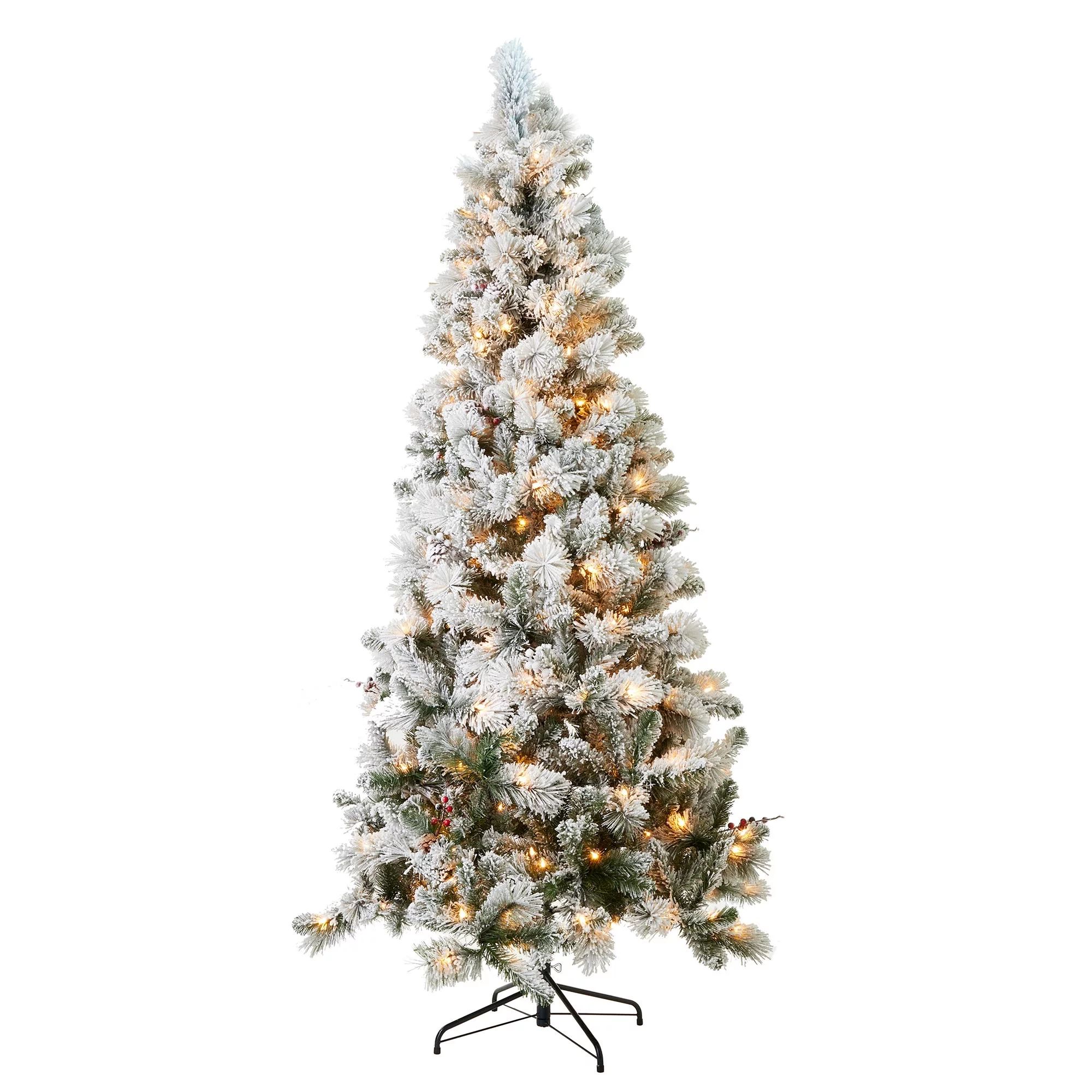 Holiday Time 7.5' Pre-Lit Flocked Lakewood Spruce Artificial Christmas Tree, Clear Lights - Walma... | Walmart (US)