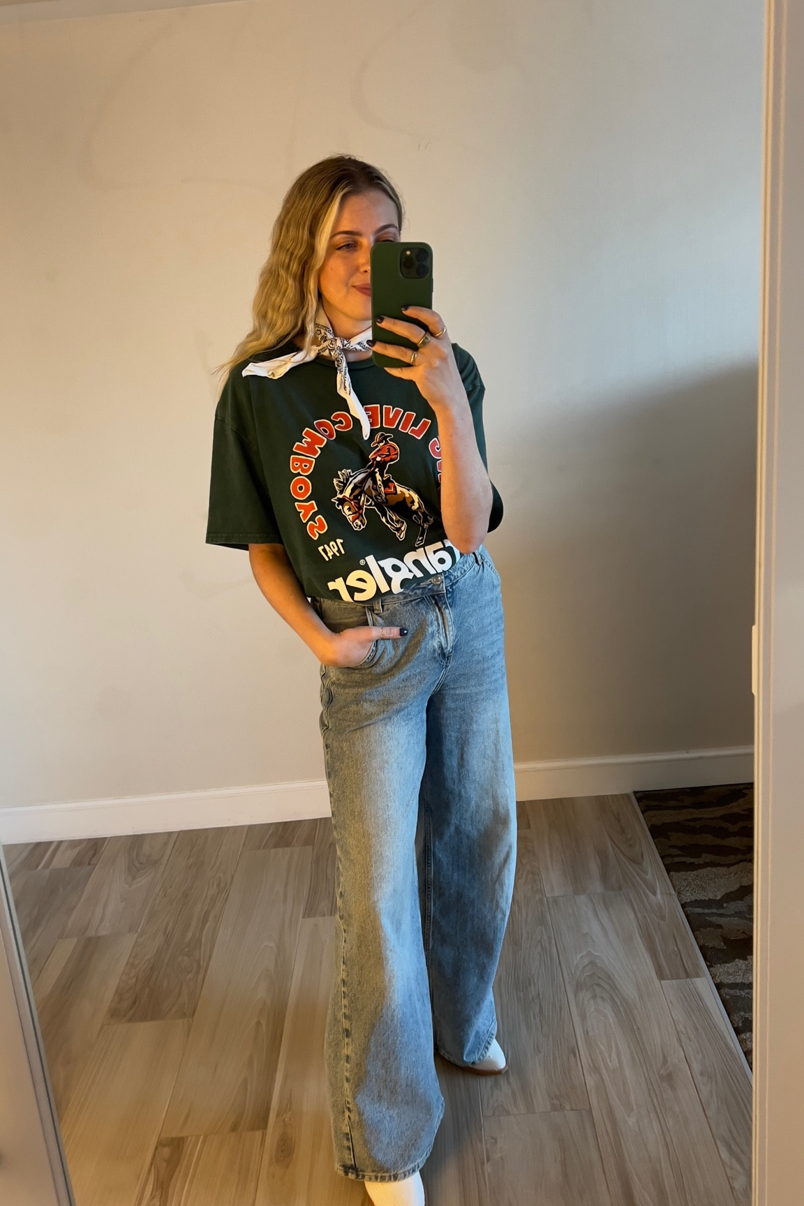 western inspired outfit! mango wide leg jeans, white cowboy boots, wrangler oversized tee

#LTKFindsUnder50 #LTKFindsUnder100