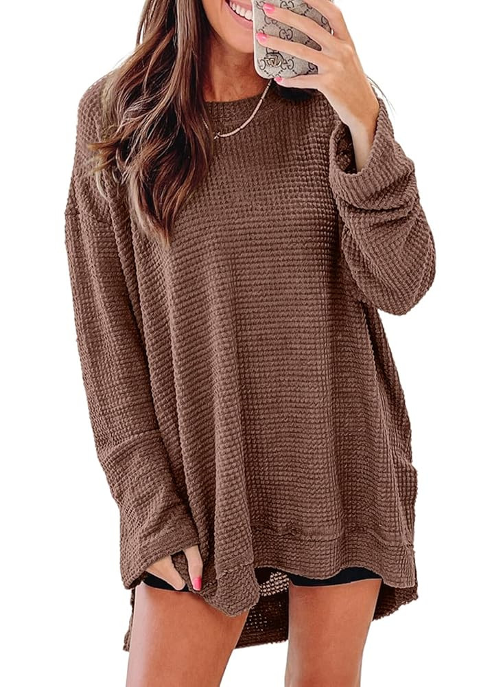 SHEWIN Long Sleeve Shirts For Women Oversized Sweatshirt Crewneck Waffle Knit Fall Tops for Women... | Amazon (US)