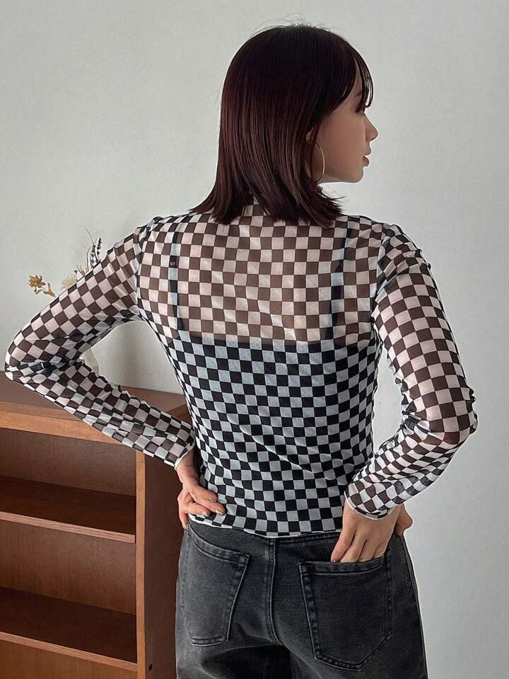FRIFUL Women's Stand Collar Plaid Pattern T-Shirt | SHEIN USA | SHEIN