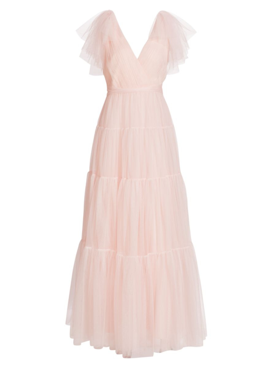 ML Monique Lhuillier Flutter-Sleeve Tulle Maxi Dress | Saks Fifth Avenue