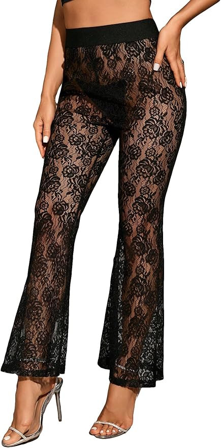WDIRARA Women's Floral Lace Flare Leg Elastic High Waist Sheer Mesh Party Club Pants | Amazon (US)