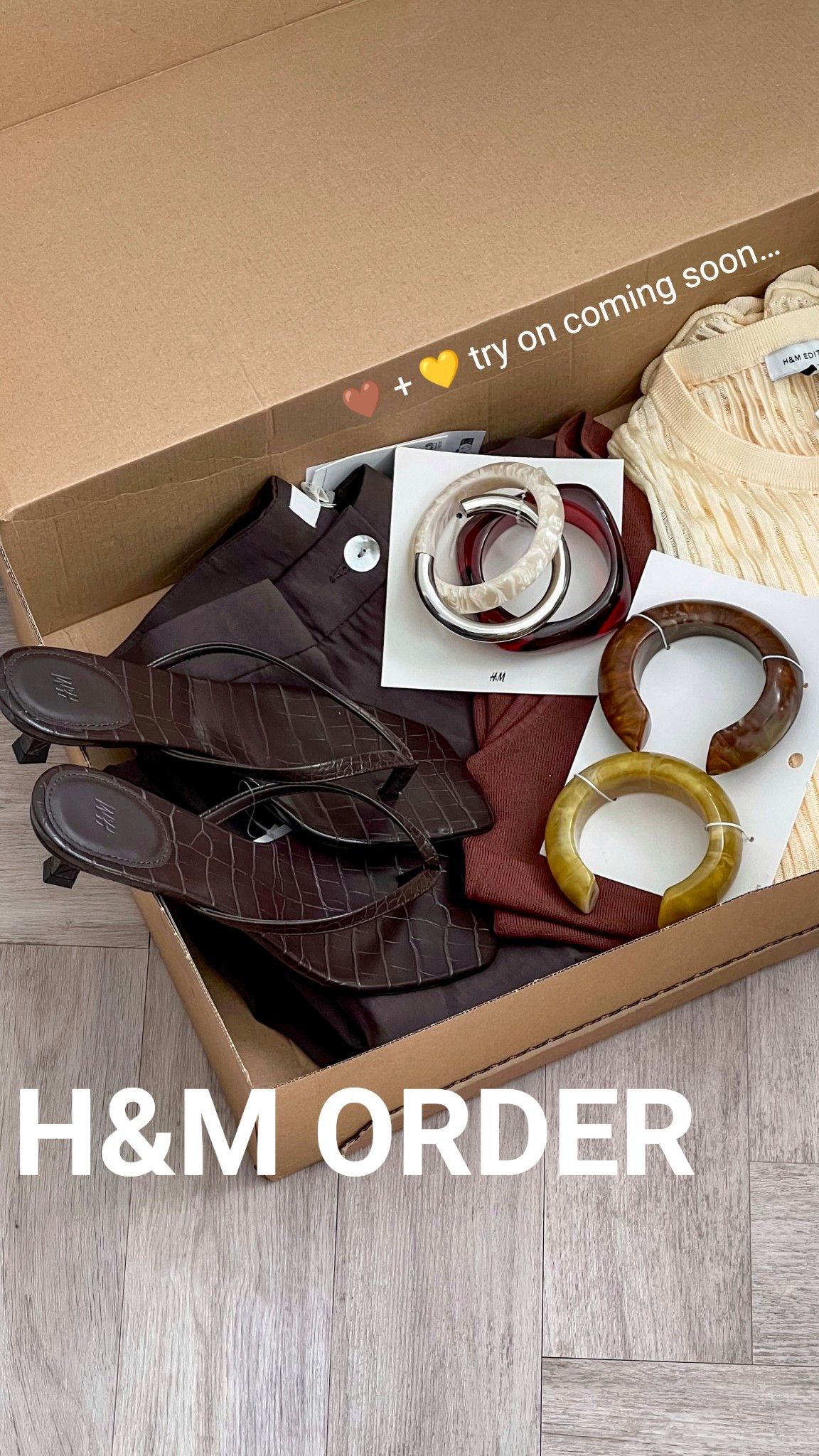 H&M new in - H&M unboxing - cuff bracelets - resin cuffs - summer jewellery - summer accessories - butter yellow - yellow and brown outfit - colour trends - 2025 color trends - mules - heeled flip flops - yellow top - brown trousers - chocolate brown - brown t-shirt - tailored trousers - wide leg trousers - sheer top 

#LTKsummer #LTKeurope #LTKuk