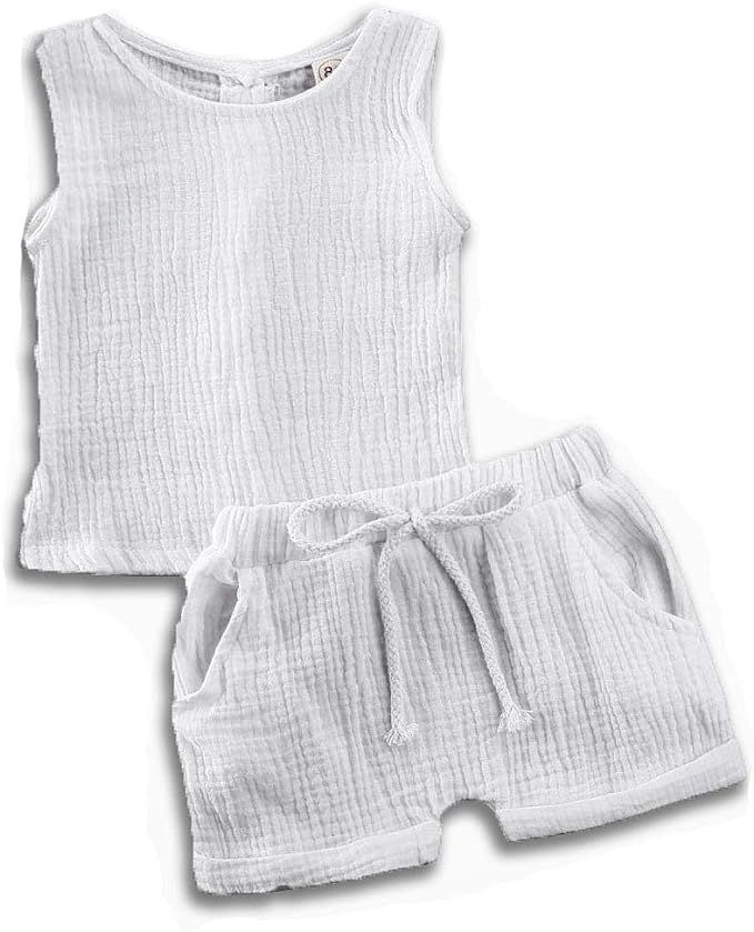 Newborn Baby Boys Girls Summer Short Set Cotton Linen Short Top+Elastic Shorts Set Outfit | Amazon (US)