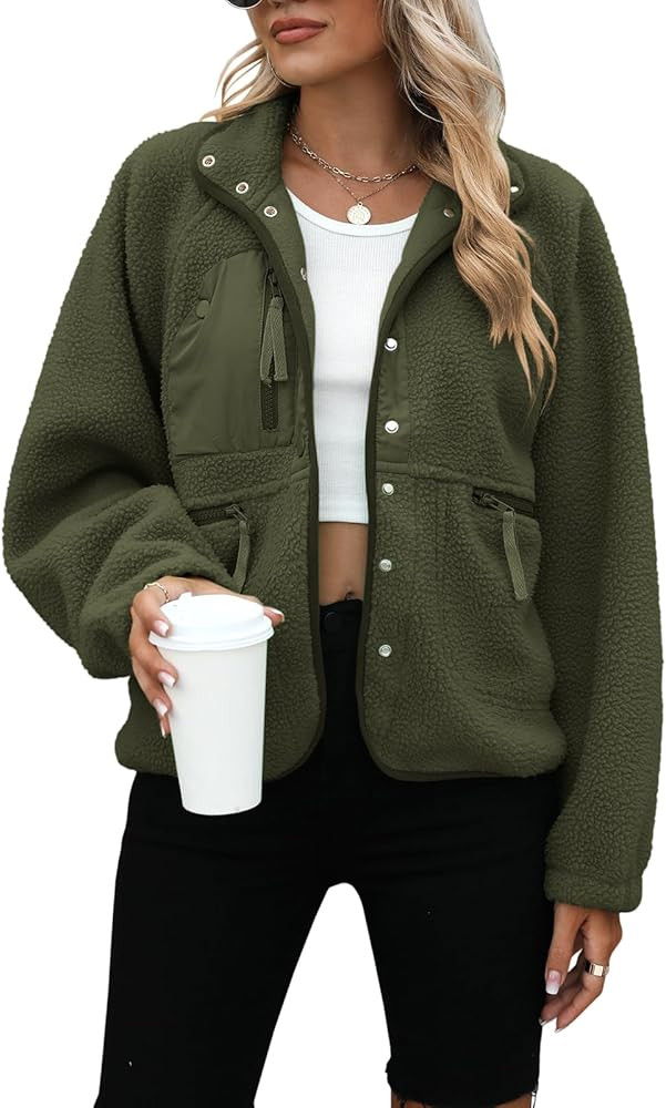 Yanekop Womens Fleece Jacket Fuzzy Long Sleeve Short Coats Button Down Sherpa Outerwear with Pock... | Amazon (US)