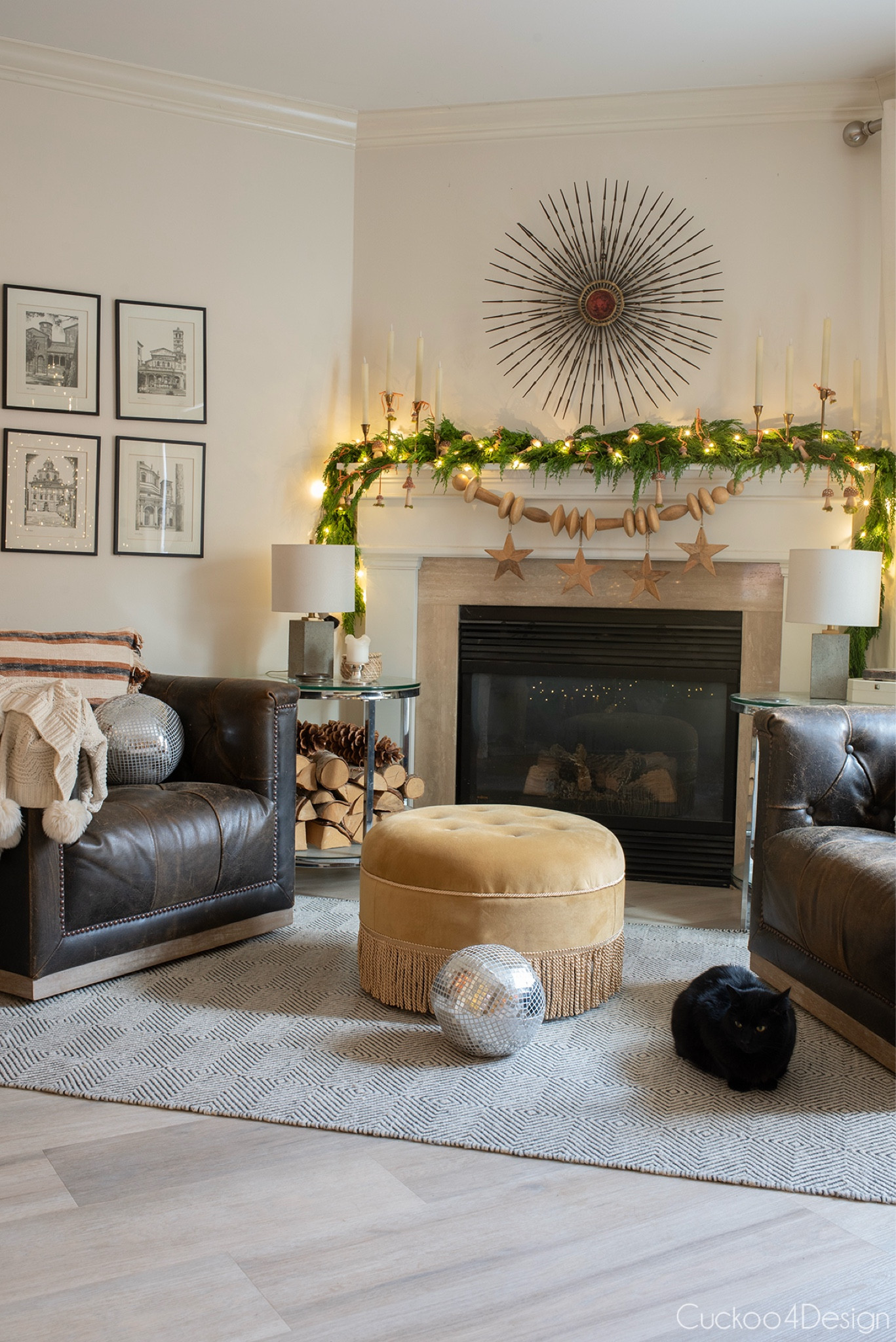 I moved the fringed round ottoman over to the fireplace area. Love the combo with my favorite leather swivel chairs. And doesn’t this faux cedar garland look real? 

#LTKHoliday #LTKHome #LTKCyberWeek