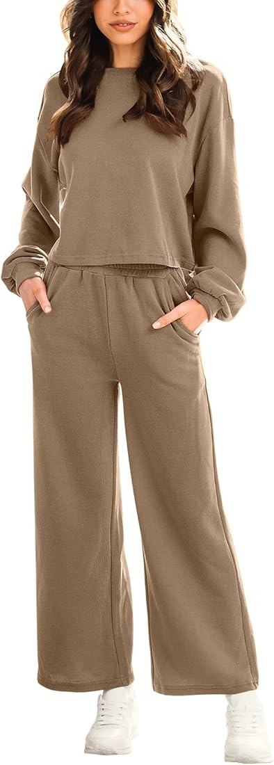 Women’s Two Piece Outfits Long Sleeve Crop Top Wide Leg Pants Knit Sweatsuit Loungewear Sweatsu... | Amazon (US)