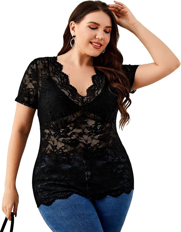OYOANGLE Women's Plus Size Short Sleeve Floral Lace Blouse Mesh V Neck Slim Tee Shirt Top | Amazon (US)