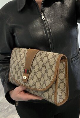 Authentic Monogrammed GG Gucci Clutch Medium Brown Leather Red Green | eBay US