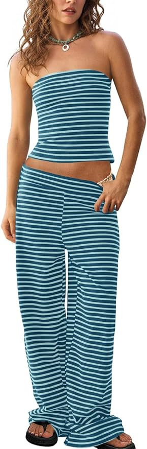 Tankaneo Womens Striped 2 Piece Sets Summer Strapless Crop Tube Tops Wide Leg Pants Matching Loun... | Amazon (US)