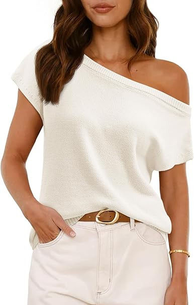 Saodimallsu Womens Off One Shoulder Sweater Tops Summer Short Sleeve Casual Loose Knit Trendy Goi... | Amazon (US)