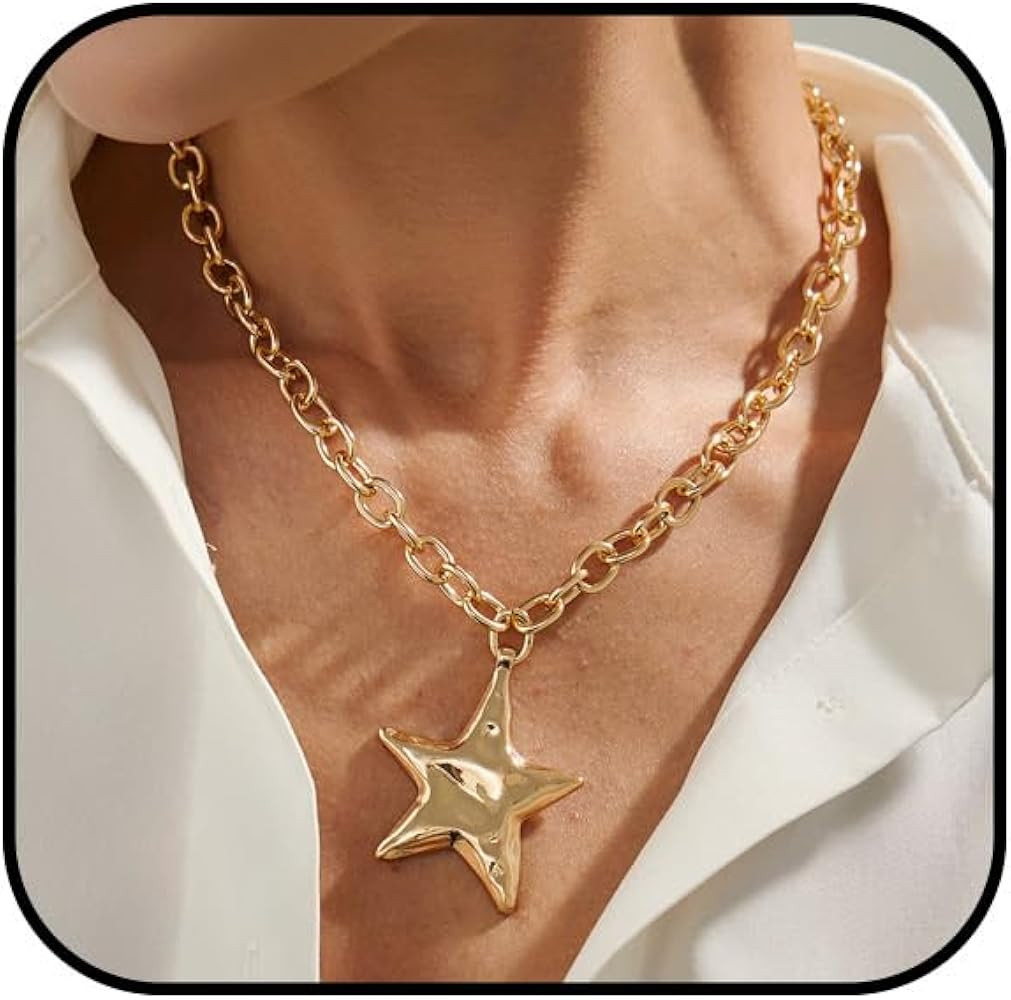 Gold Star Necklace for Women Trendy Bold Star Pendant Necklace Statement Necklaces Vintage Hammer... | Amazon (US)
