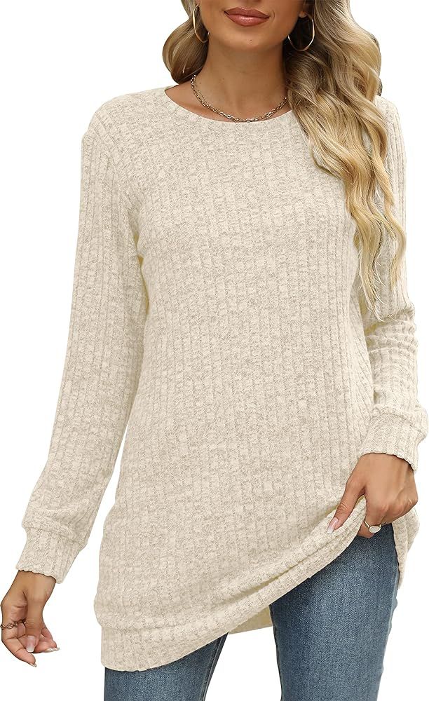 Auremore Sweaters for Women Long Sleeve Crewneck Sweatshirt Loose Casual Tunic Tops | Amazon (US)