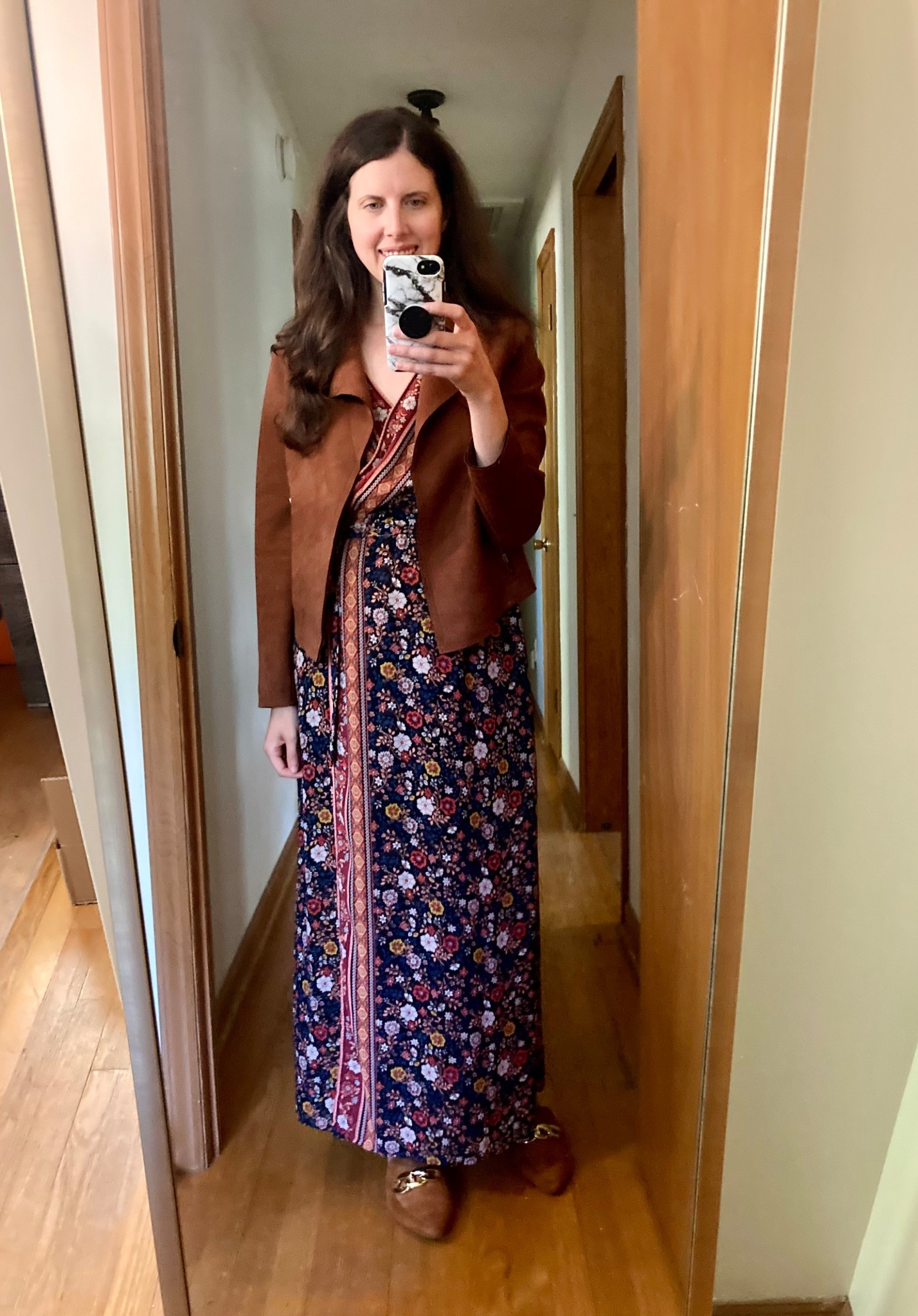 Suede jacket, fall floral maxi dress, suede mules, church outfit, church dress

#LTKSeasonal #LTKFindsUnder50 #LTKFindsUnder100