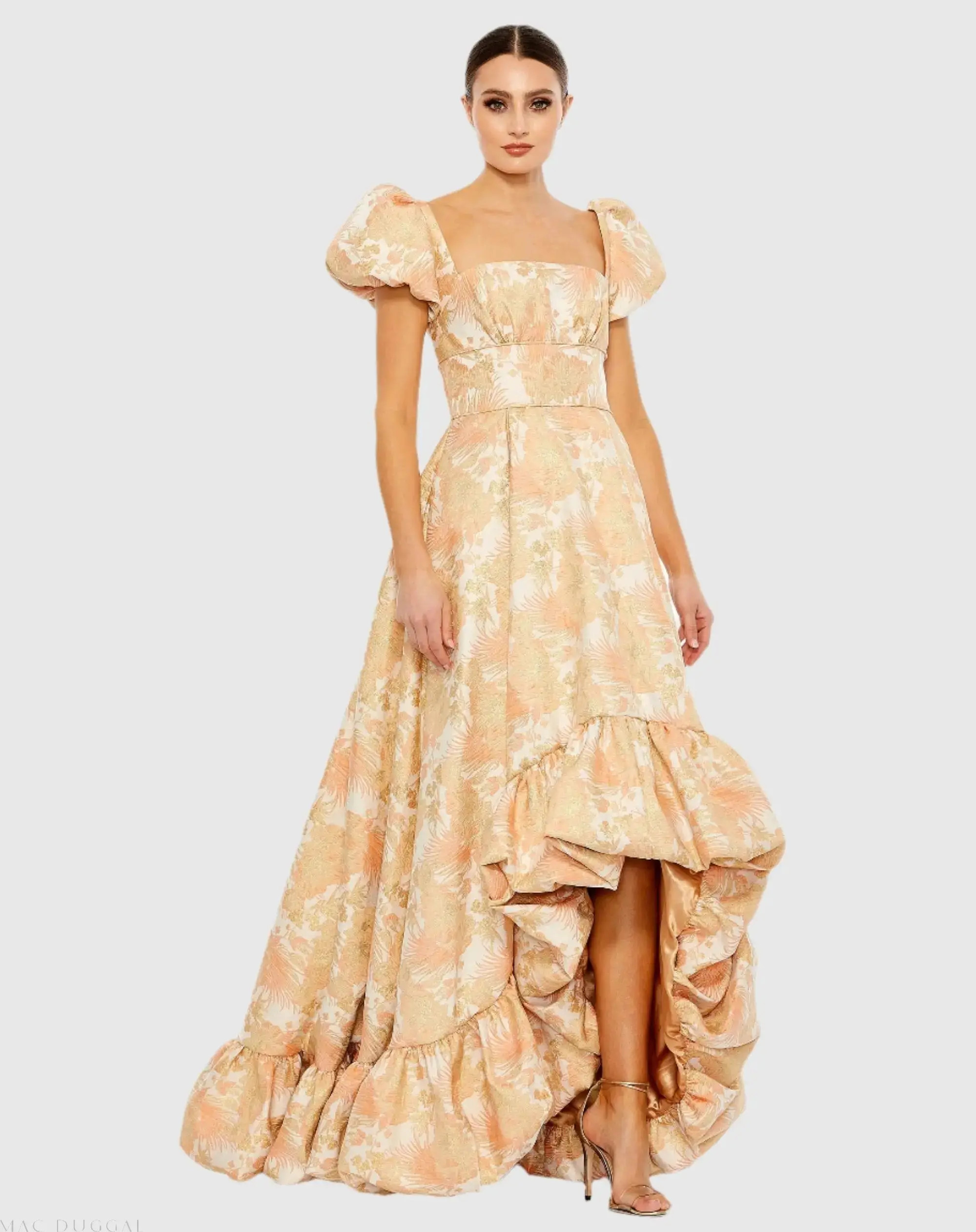 Mac Duggal - Orange Floral Print Puff Sleeve High Low Brocade Gown - US 8 | Mac Duggal