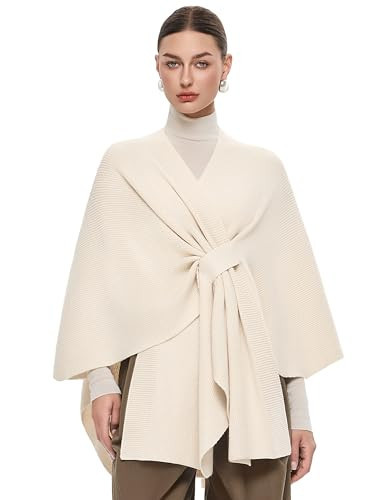 PULI Women's Shawl Wraps Ribbed Poncho Ruana Cape Open Front Cardigan Sweater Evening Dress for Fall Winter Ivory White | Amazon (US)
