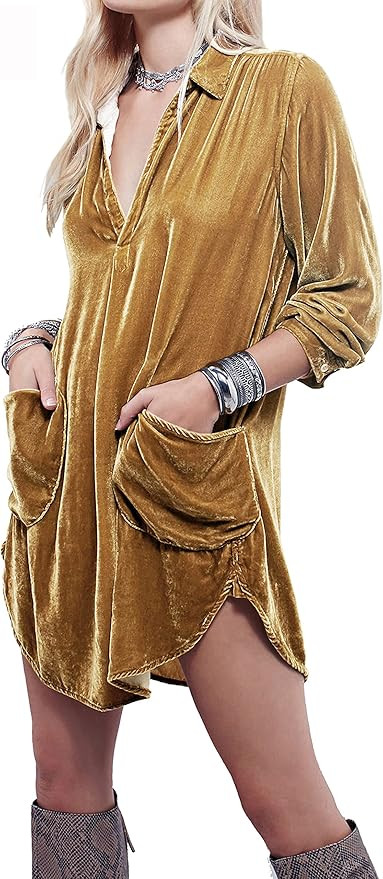 R.Vivimos Womens Velvet Long Sleeve Pocket Casual Mini Shirt Dress | Amazon (US)