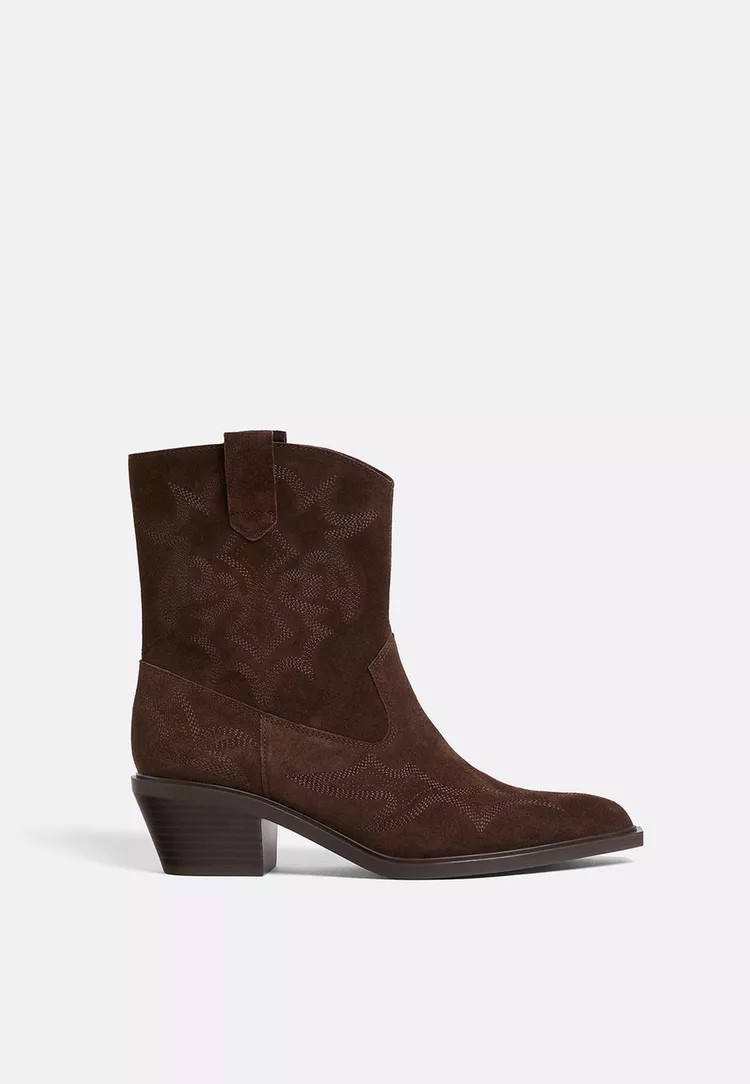 Split leather heeled cowboy ankle boots - Women's Leather | Stradivarius United Kingdom | Stradivarius (UK)