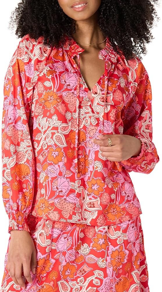 Amazon Essentials Women's Relaxed-Fit Ruffle-Neck Cotton Sateen Long-Sleeve Blouse (Skirt Sold Se... | Amazon (US)