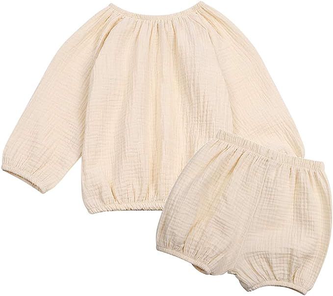 Amazon.com: Toddler Unisex Baby Shorts Outfits Long Sleeve Cotton Linen Shirt Top+bloomer Shorts ... | Amazon (US)