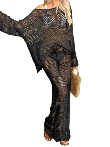 Famulily Beach Cover Up for Women 2 Piece Cover Up Set Crochet Wide Leg Pants 2 Pieces Outfits Crochet Cover Ups for Women Black S | Amazon (US)