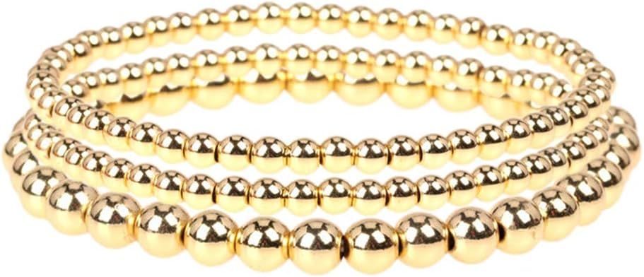 fzbali 3 Pcs Gold Beaded Bracelets Valentine's Day Gifts, Men Women Elastic Copper Beads Balls St... | Amazon (US)