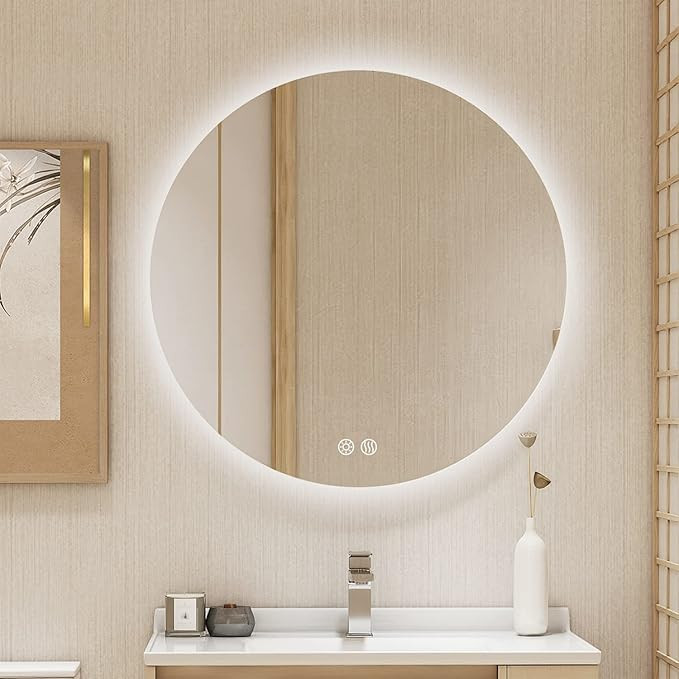 32 Inch Round LED Bathroom Mirror Backlit Anti-Fog Wall Mounted Lighted Bathroom Vanity Mirror 3 ... | Amazon (US)