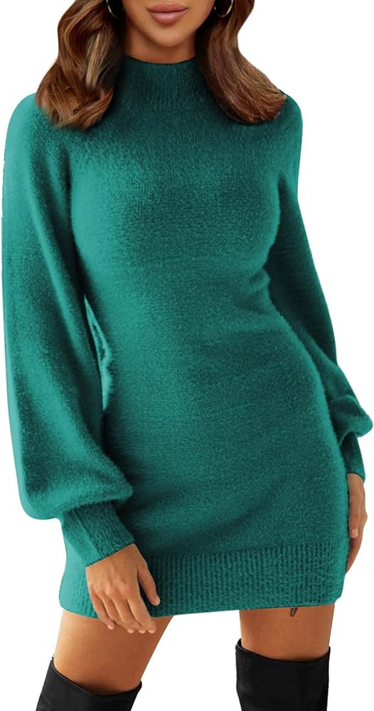 EXLURA Women's 2023 Mock Neck Ribbed Long Sleeve Bodycon Pullover Cute Mini Sweater Dress | Amazon (US)