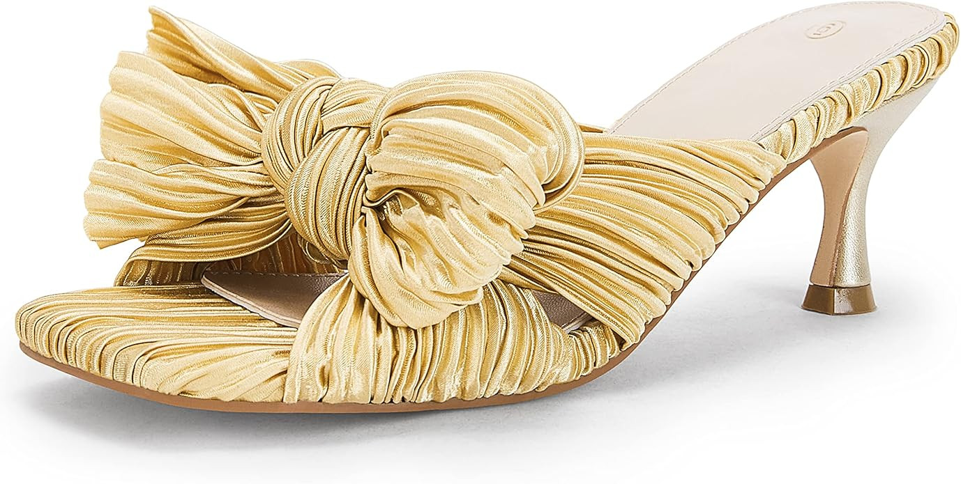 Coutgo Womens Bow Heeled Sandals Pleated Bowknot Heels Open Square Toe Cute Kitten Heel Mules Sli... | Amazon (US)