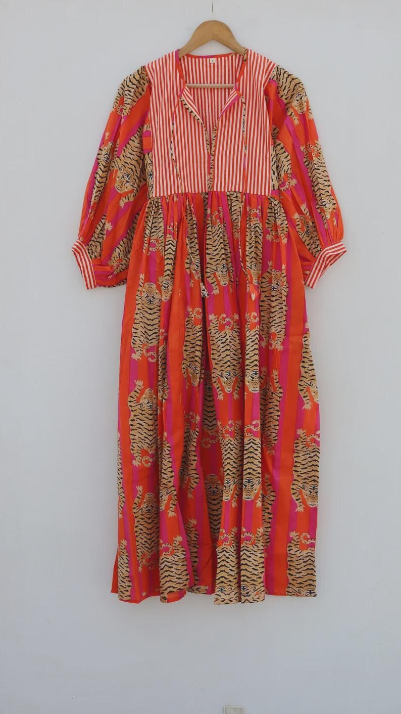 Stripes Tiger Midi Dress, Mini Dress, Long Block Print Dress, Deep Neck With String Closer - Etsy | Etsy (US)