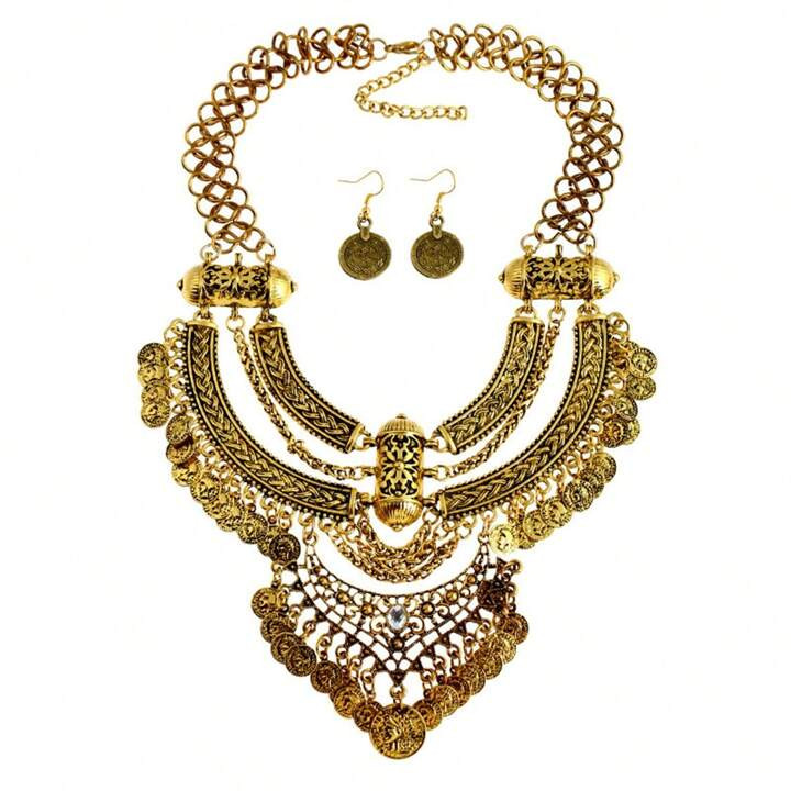 Bohemian Vintage Alloy Tassel & Coin Design Necklace Set Women's Jewelry Accessory, Perfect Gift ... | SHEIN