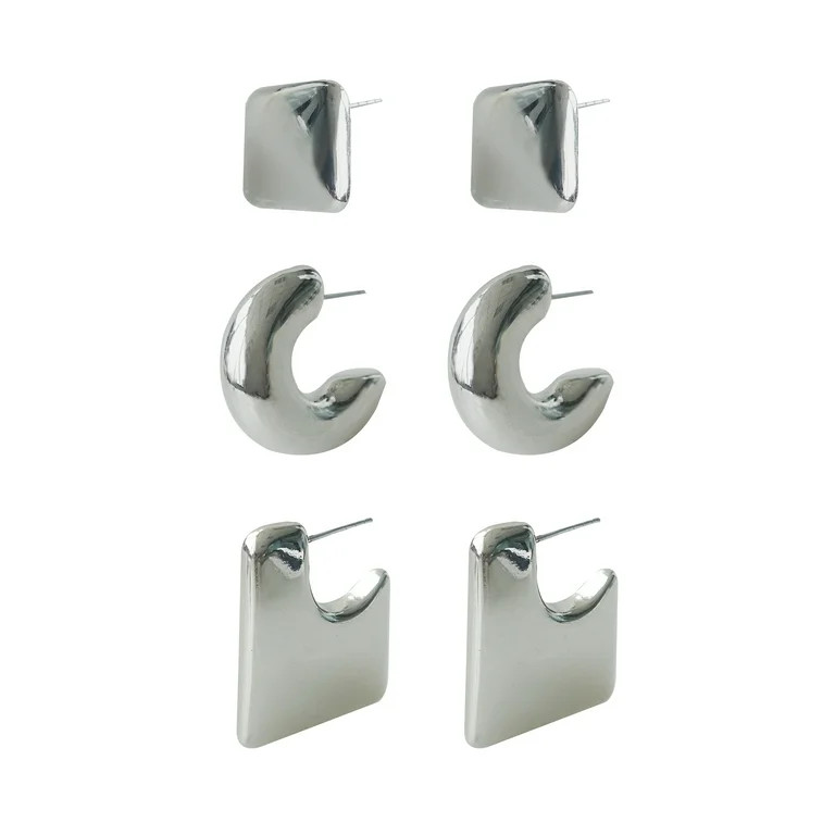 Time and Tru Women's Silver Plated Metal 3 Pair Hoop Earring Set | Walmart (US)