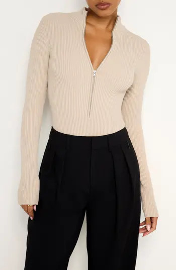 Good American Virgo Long Sleeve Rib Thong Bodysuit in Shortbread005 at Nordstrom Rack, Size Large | Nordstrom Rack