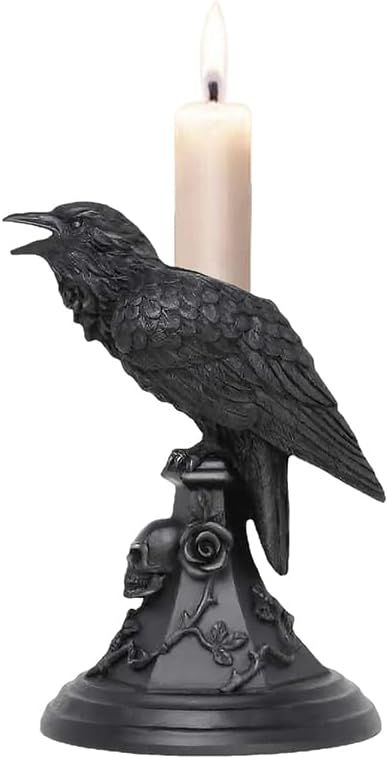 Gothic Raven Crow Statue Candle Holder - Perching On Black Rose and Skull Tombstone - Gothic Maca... | Amazon (US)