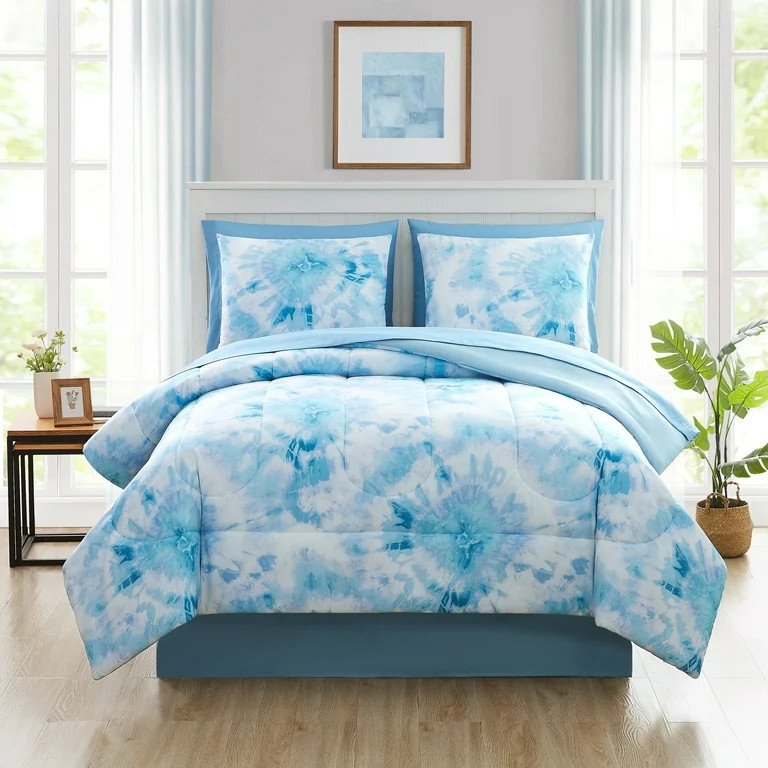Mainstays Blue Tie Dye 8 Piece Bed in a Bag Comforter Set With Sheets, Full - Walmart.com | Walmart (US)