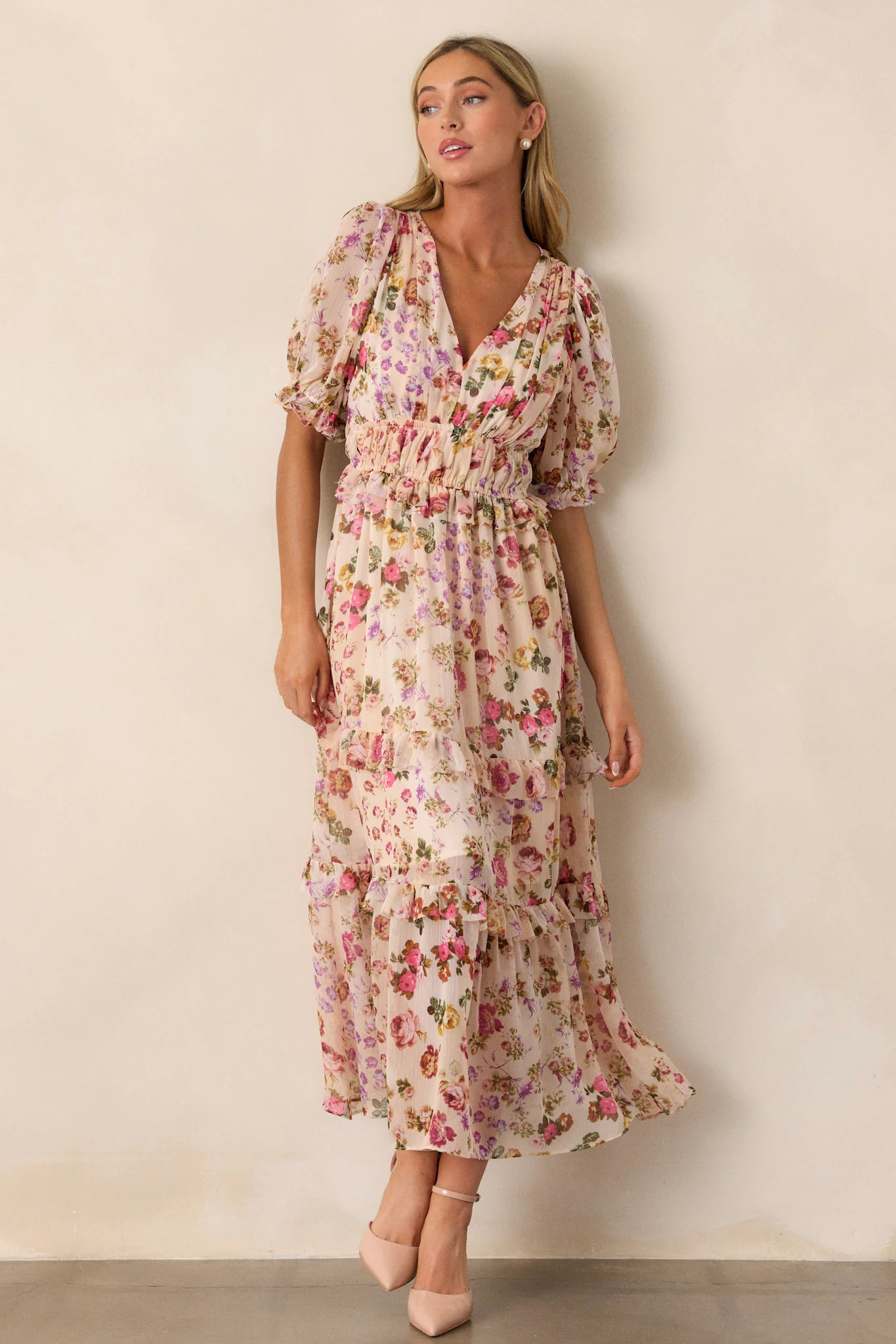 Midnight Train Beige Floral Midi Dress | Red Dress