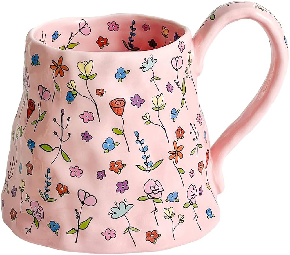 Large Ceramic Coffee Mug Pink Cute Flower with Handmade Big Handle, 21.1oz/600ml Girly Floral Tea... | Amazon (US)