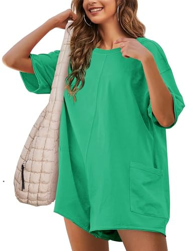 Yeokou Rompers for Women Casual Short Sleeve Oversized Athletic Workout Reversible Hot Shot Tee Romper Deep Pockets(Green-M) | Amazon (US)