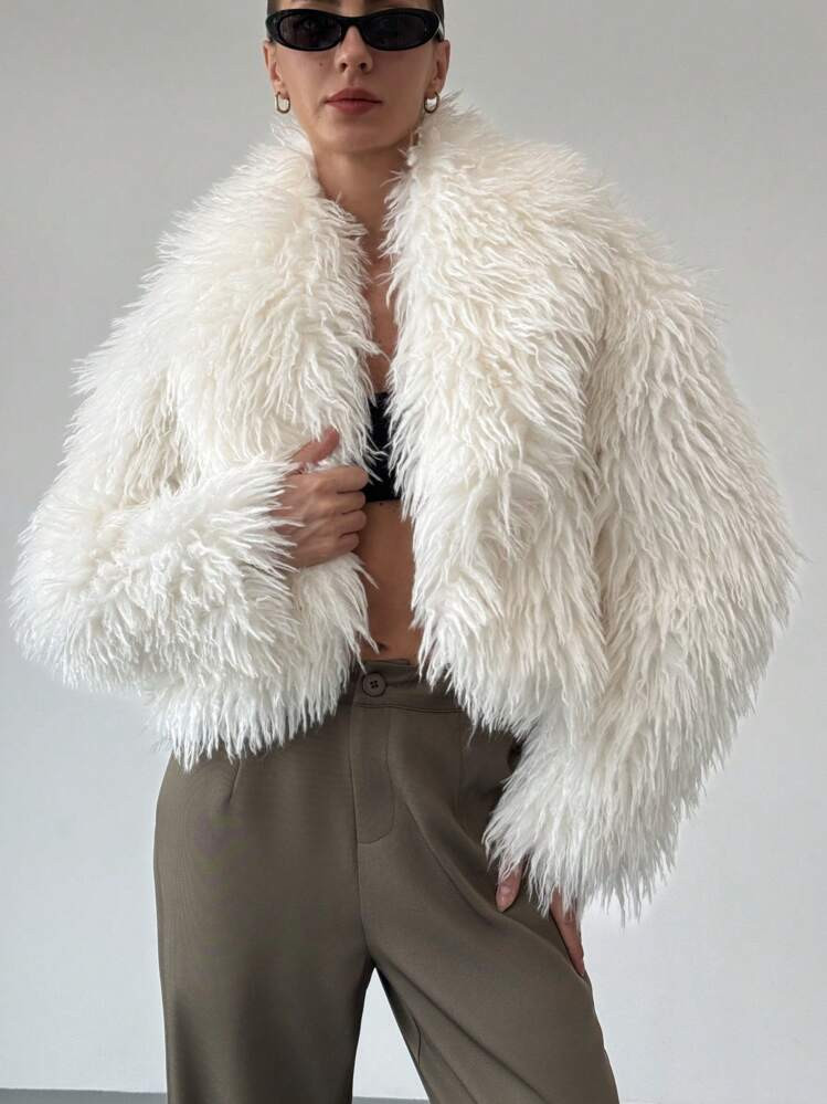 Aloruh New Arrival Beige Fluffy Collar Warm Coat For Winterold Money, Casual, Faux Fur, Faux Fur,... | SHEIN