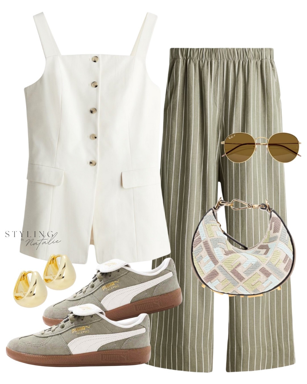 Comfy casual chic- Green stripe trousers, waistcoat, Fendi bag, Puma Palermo trainers, gold hoop earrings and Rayban sunglasses.
Summer outfit, H&M, high street style, pull-on trousers, pants.

#LTKstyletip #LTKeurope #LTKsummer