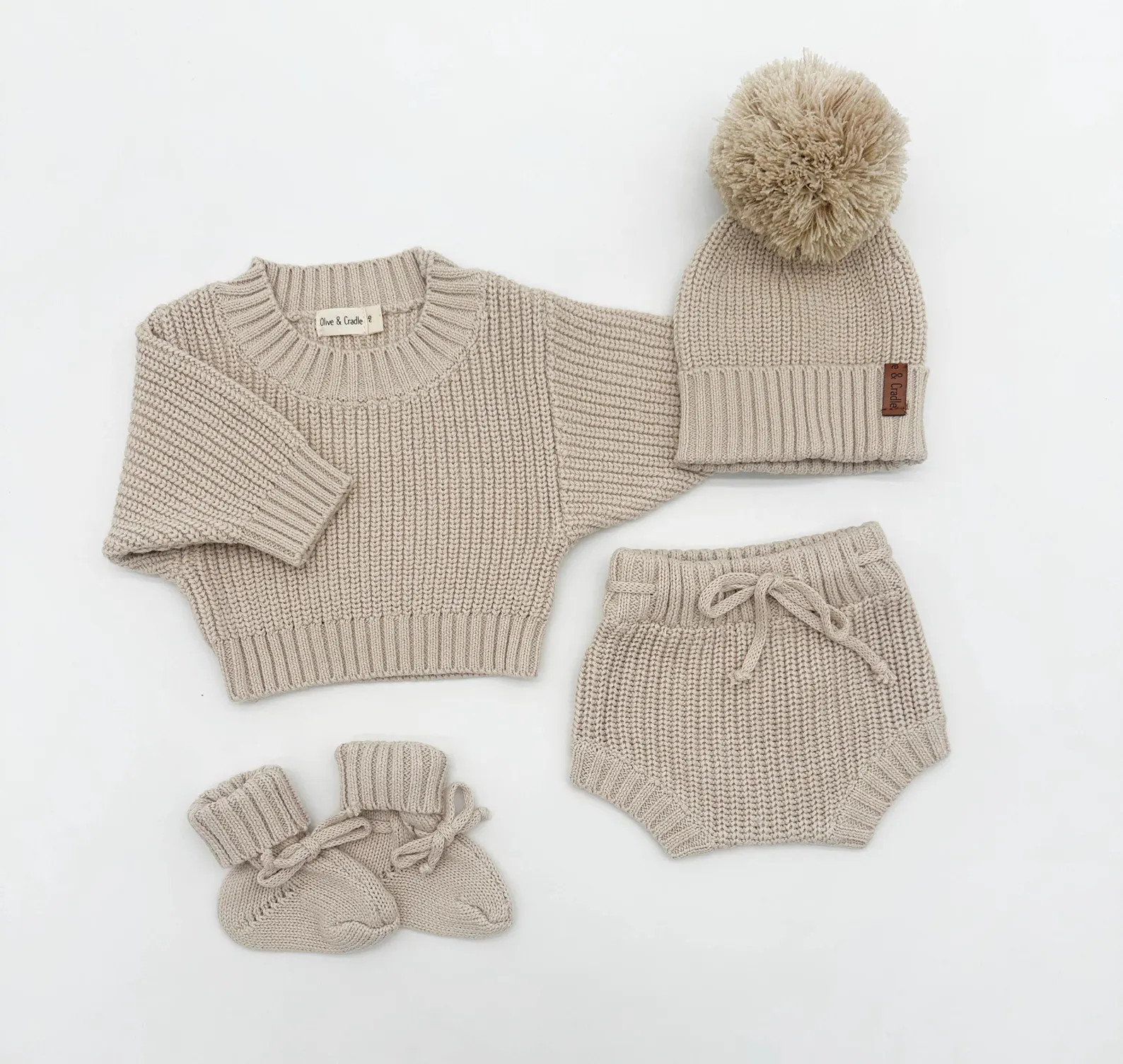 Knit Baby Sweater Bloomer Set: Cotton Beanie & Booties - Quincy Taupe | Etsy (US)