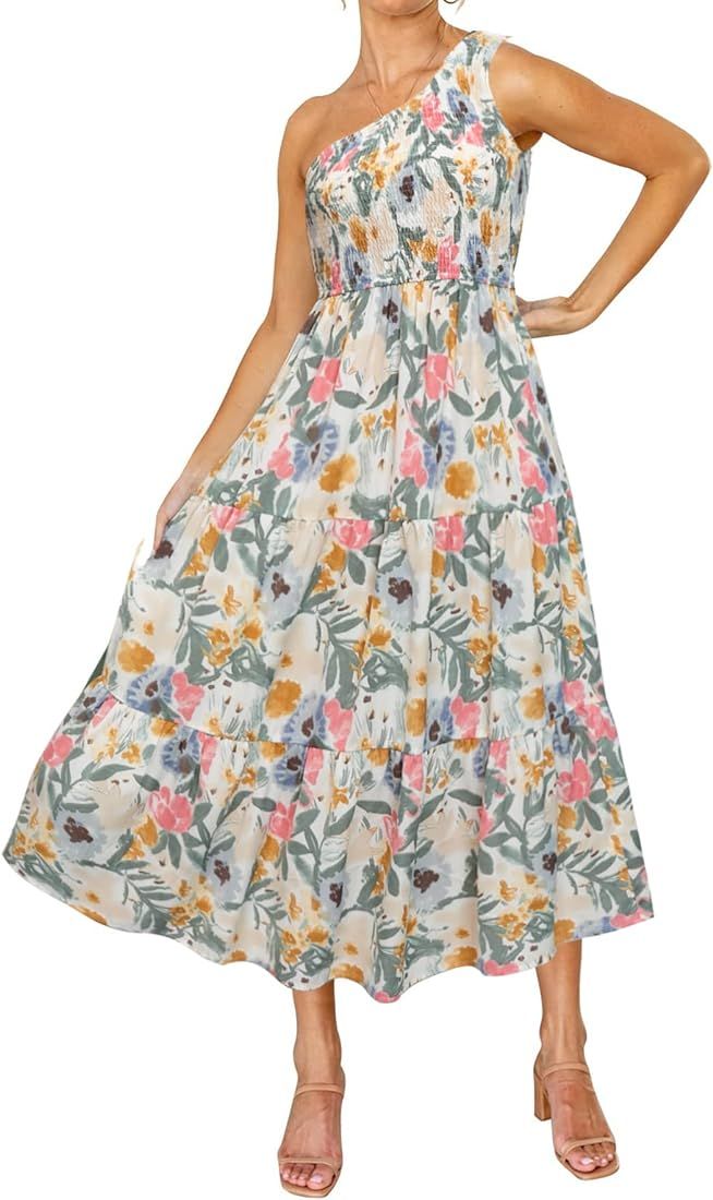 Glamaker Women's Short Sleeve Smocked Square Neck A Line Summer Flowy Maxi Long Dress | Amazon (US)