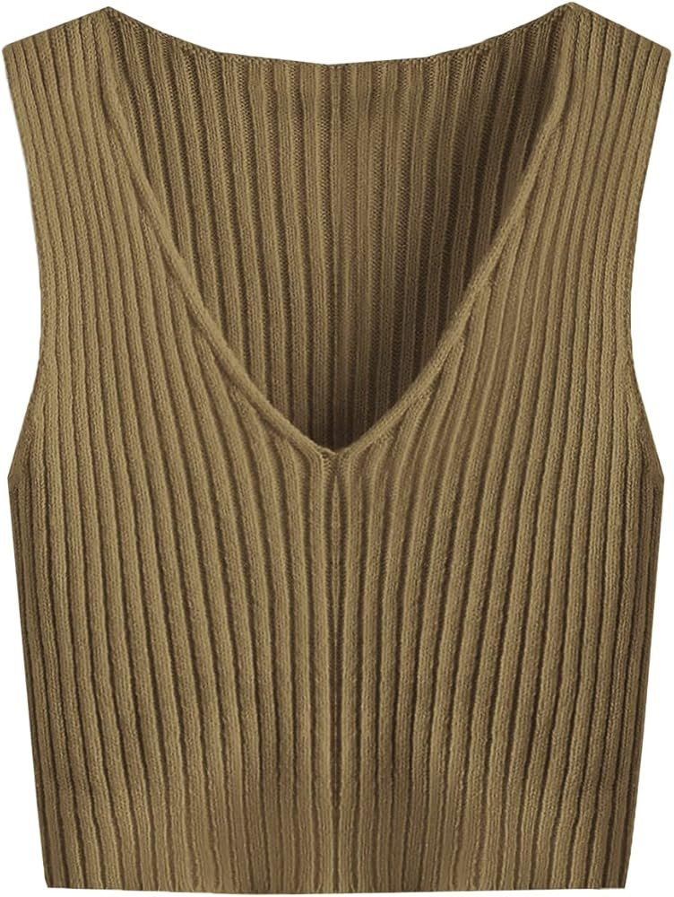 SweatyRocks Women's Ribbed Knit Crop Sleeveless V-Neck Sweater Vest Crop Tank Top | Amazon (US)